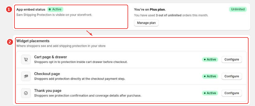 Sam Shipping Protection home in Shopify admin with the app embed status (1) and the widget placements for cart, checkout and thank-you page (2)