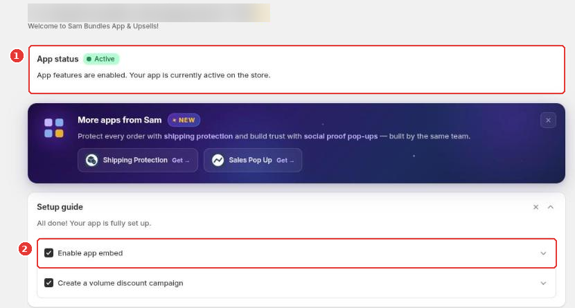 Sam Bundles home with the app status (1) and the setup guide step Enable app embed (2)