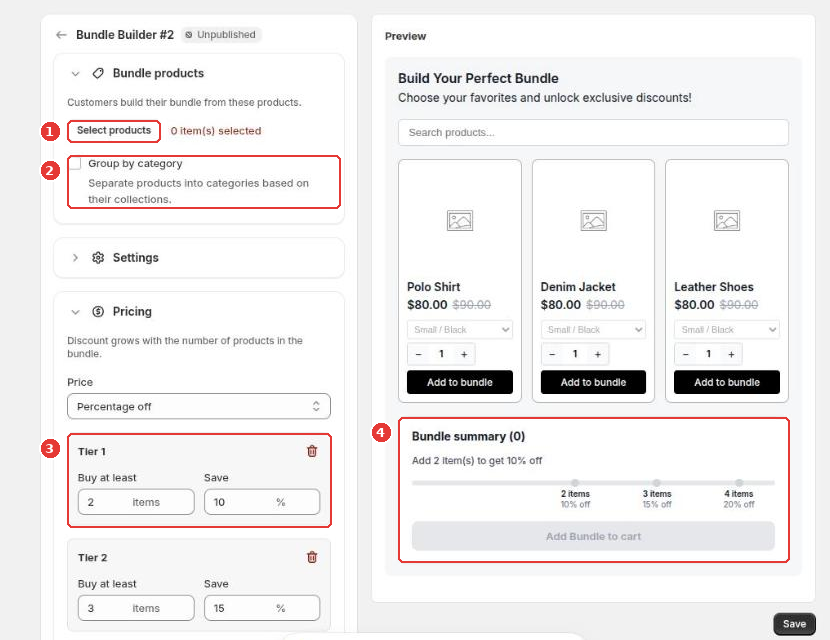 Bundle Builder editor with Select products (1), Group by category (2), a pricing tier (3) and the bundle summary in the preview (4)