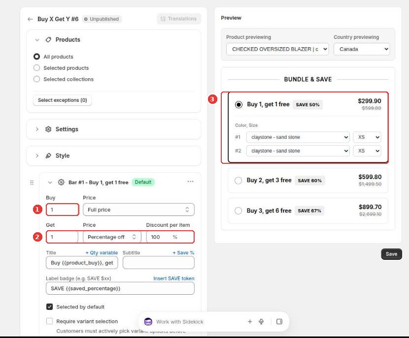 Buy X Get Y bar with the Buy quantity (1), the Get quantity, price type and discount (2) and the preview (3)