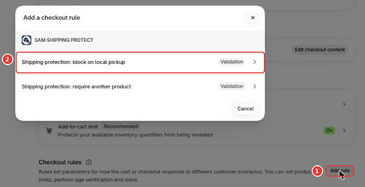 Add rule button (1) and the Shipping protection: block on local pickup rule (2)