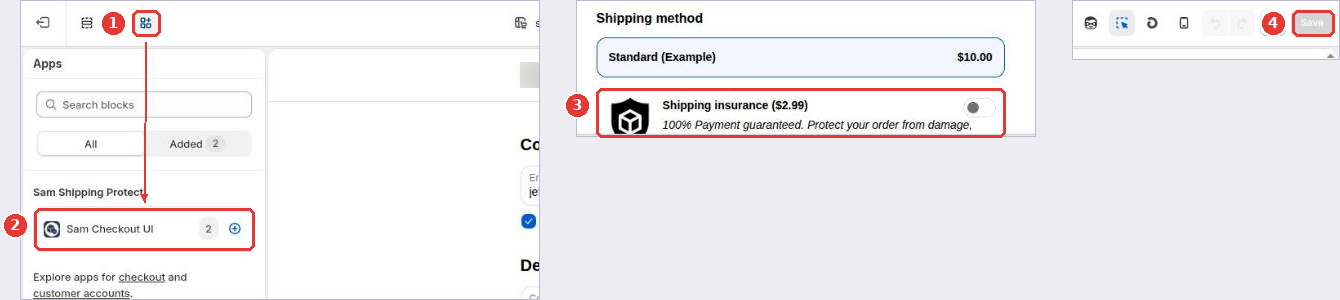 Checkout editor with the Apps panel (1), the Sam Checkout UI block (2), the protection widget under shipping methods (3) and Save (4)