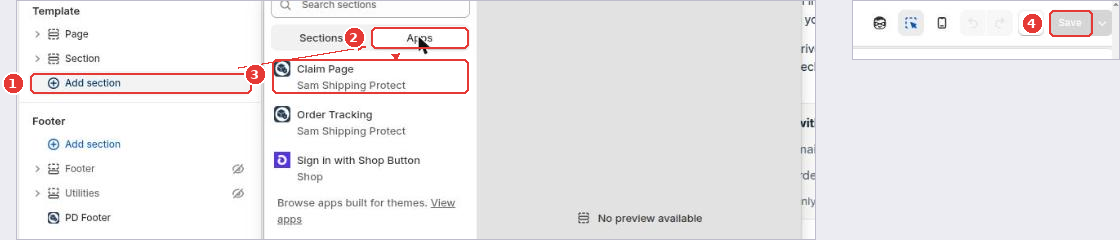 Add section (1), the Apps tab (2), the Claim Page block (3) and Save (4) in the theme editor