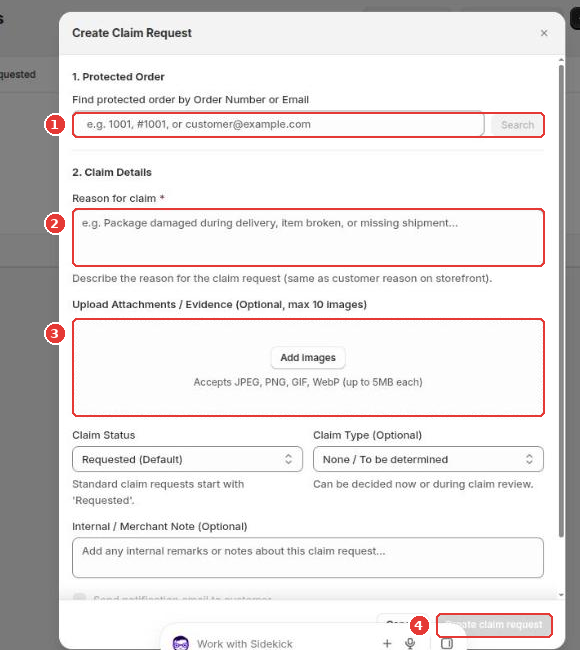 Create Claim Request dialog with order search (1), reason (2), attachments (3) and the create button (4)