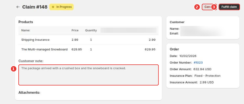 Claim details with the customer note (1), the Cancel button (2) and the Fulfill claim button (3)