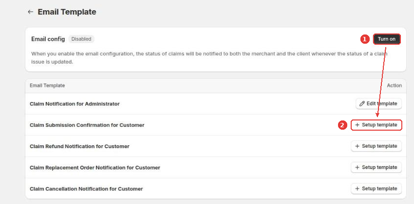 Email Template page with the Turn on button (1) and Setup template on a customer email (2)