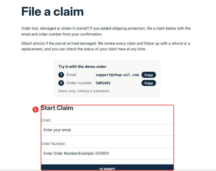Claim form on the storefront with the email and order number fields (1)