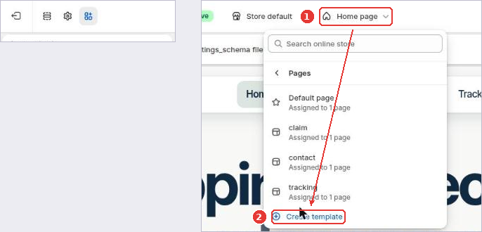 Theme editor page selector (1) with Pages templates and the Create template link (2)