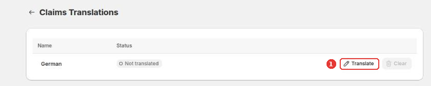 Claims Translations page with the Translate button for German (1)