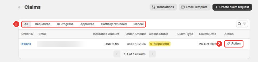 Claims page with the status tabs (1) and the Action button on a claim (2)