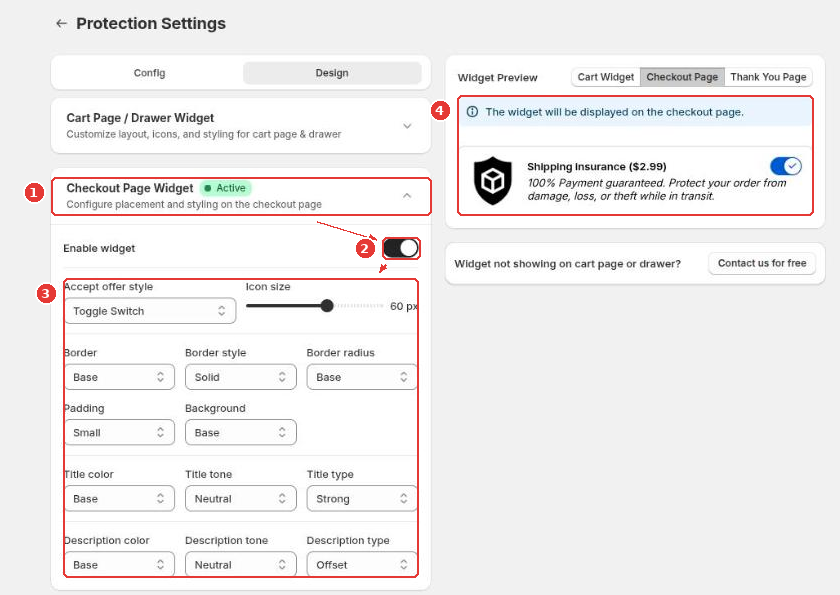 Checkout Page Widget section (1), Enable widget toggle (2), style options (3) and the checkout preview (4)