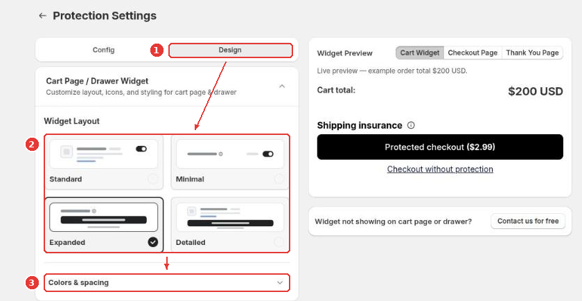 Design tab (1), the four widget layouts (2) and the Colors & spacing section (3)