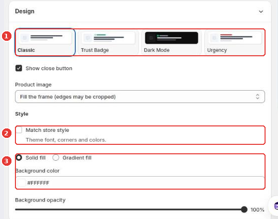 Design section with the templates (1), Match store style (2) and the color settings (3)