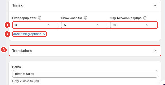 Timing fields (1), More timing options (2) and the Translations section (3)