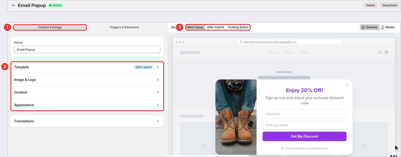 Email popup editor with the Content & Design tab (1), its sections (2) and the preview tabs (3)