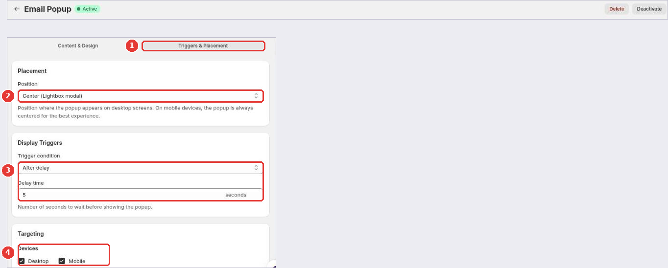 Triggers & Placement tab (1) with Position (2), Trigger condition and delay (3) and device targeting (4)