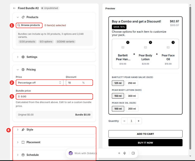 Fixed Bundle editor with Browse products (1), price type and discount (2), the bundle price (3) and Style, Placement and Schedule (4)