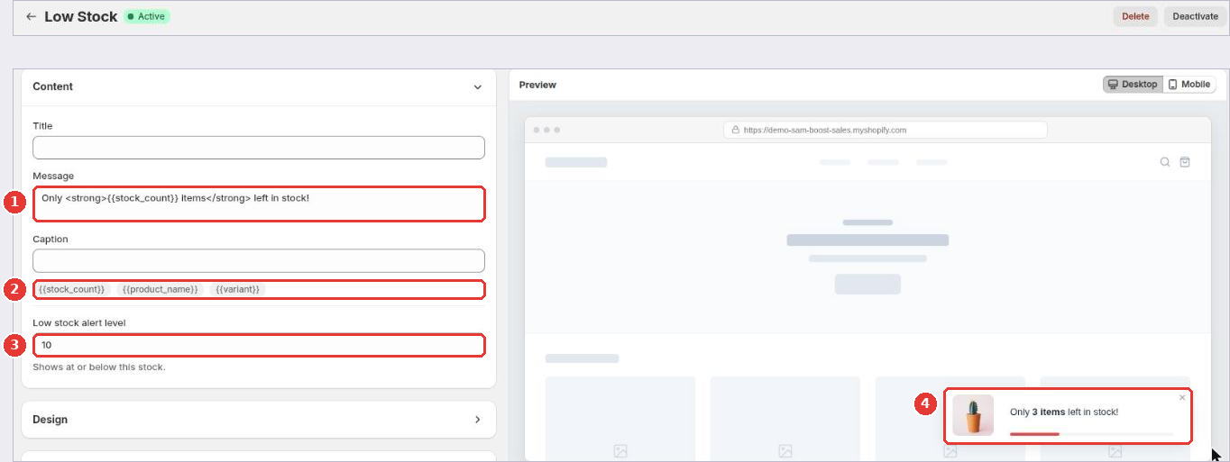 Low Stock editor with the message (1), variables (2), the alert level (3) and the preview (4)