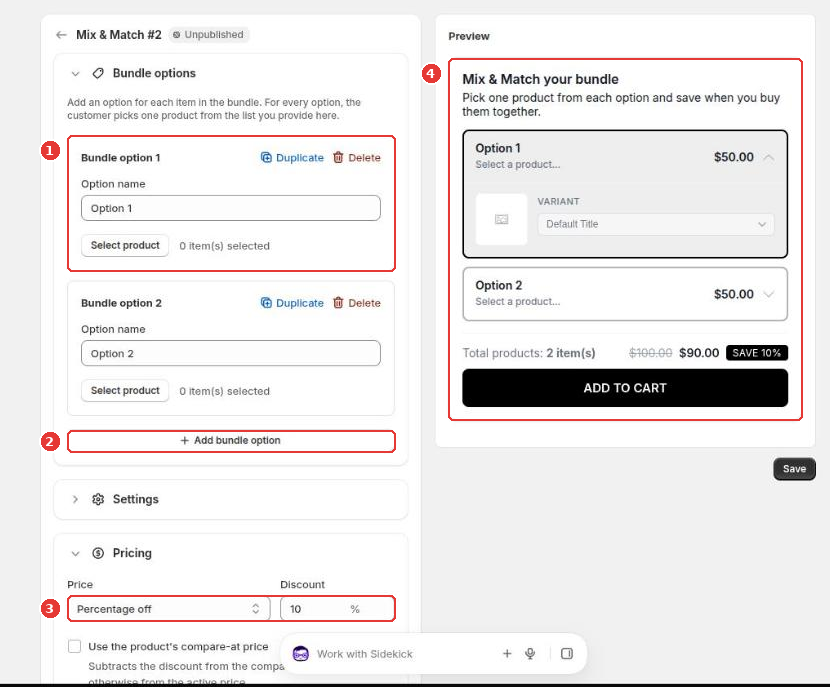 Mix & Match editor with a bundle option (1), Add bundle option (2), Pricing (3) and the preview (4)