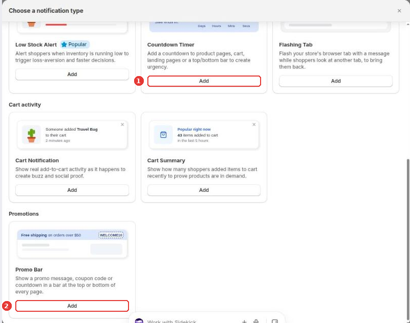 Urgency, cart activity and promotion types with Add on Countdown Timer (1) and Promo Bar (2)