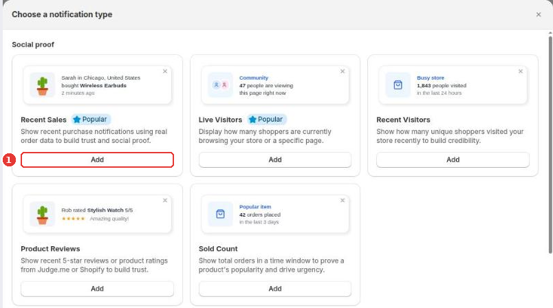 Choose a notification type dialog with the Add button on Recent Sales (1)