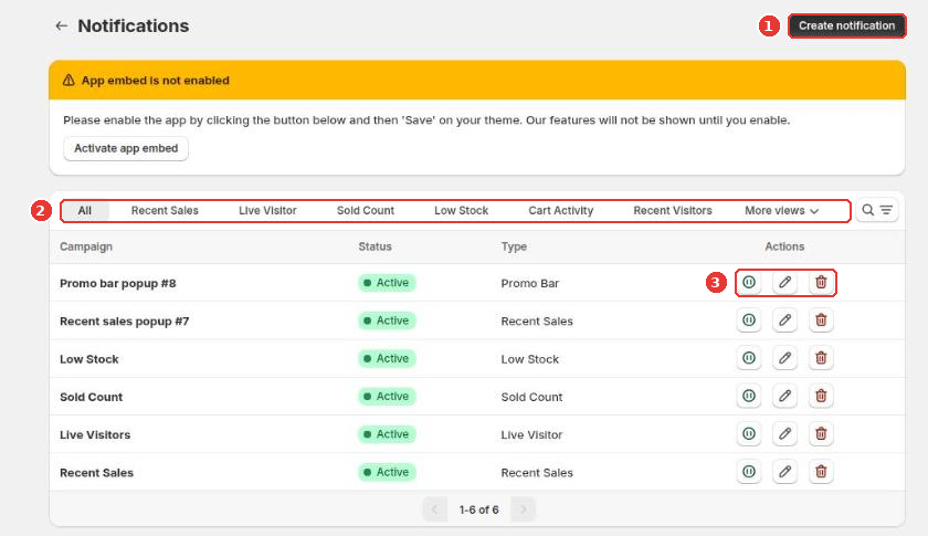 Notifications page with Create notification (1), the type tabs (2) and the pause, edit and delete actions (3)