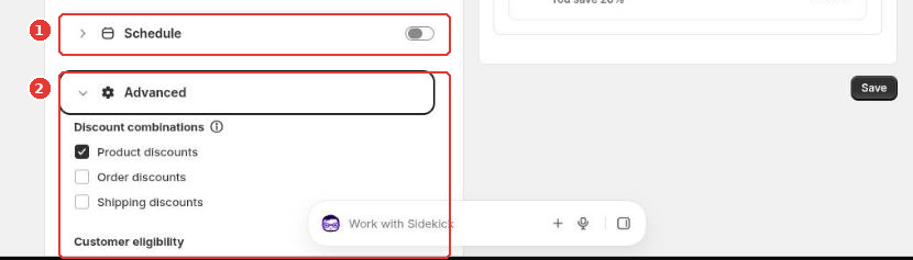 The Schedule switch (1) and the Advanced card with discount combinations (2) in an offer editor