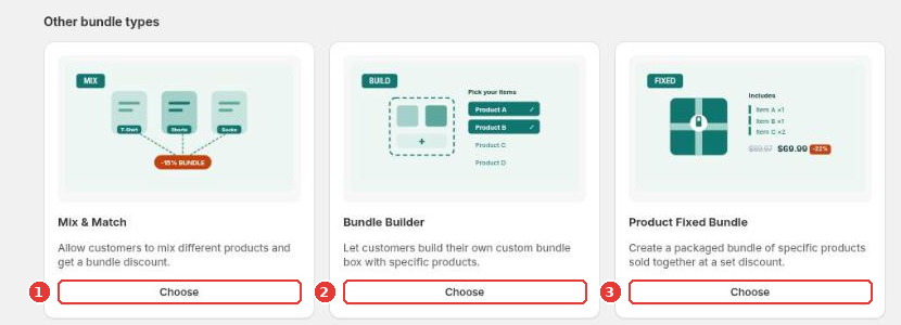 Other bundle types with Choose on Mix & Match (1), Bundle Builder (2) and Product Fixed Bundle (3)