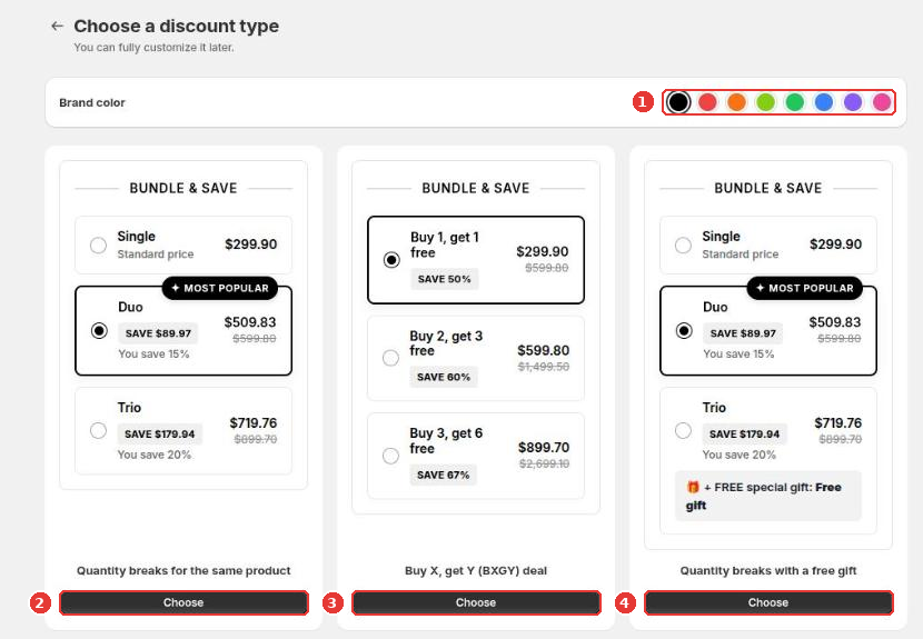Choose a discount type with the brand color (1) and Choose on quantity breaks (2), buy X get Y (3) and quantity breaks with a free gift (4)