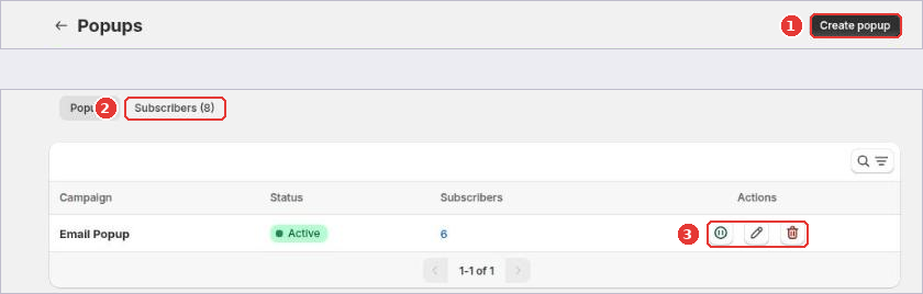 Popups page with Create popup (1), the Subscribers tab (2) and the popup actions (3)