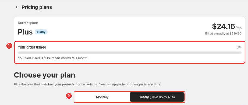 Pricing plans page with the current plan and order usage (1) and the Monthly/Yearly switch (2)