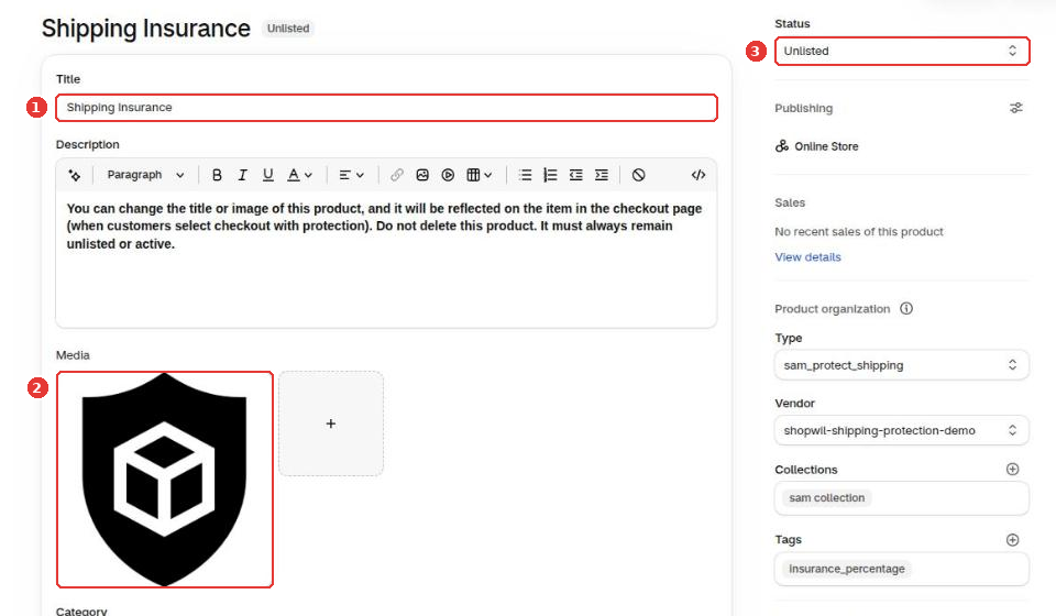 Protection product with the Title (1), the image (2) and the Unlisted status (3)