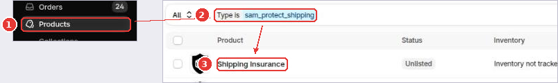 Products page with Products in the sidebar (1), the product type filter (2) and the Shipping Insurance product (3)