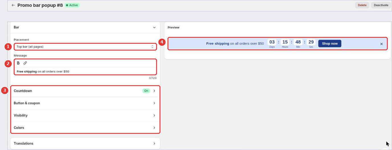 Promo bar editor with placement (1), message (2), the Countdown, Button & coupon, Visibility and Colors sections (3) and the preview (4)