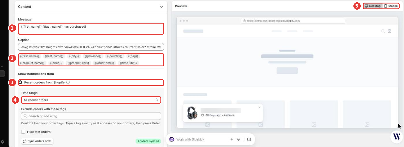 Recent Sales editor with the message (1), variables (2), the order source (3), the time range (4) and the desktop/mobile preview (5)