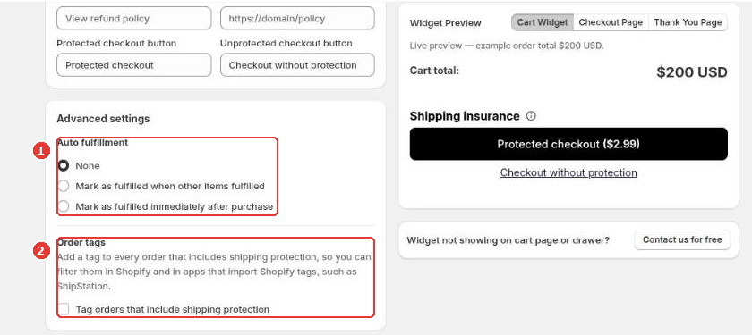 Auto fulfillment options (1) and the order tag setting (2)
