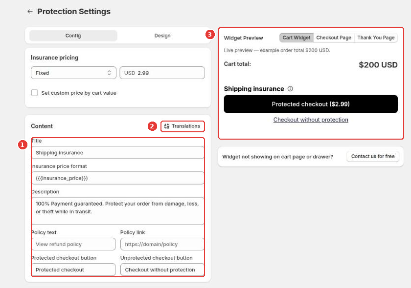 Content card with the widget text fields (1), the Translations button (2) and the live Widget Preview (3)