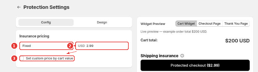 Insurance pricing card with the pricing type (1), the price (2) and Set custom price by cart value (3)