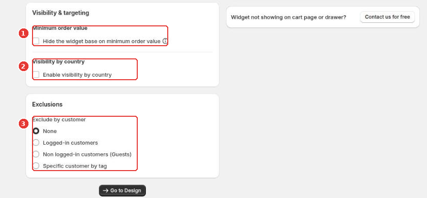 Minimum order value (1), Visibility by country (2) and Exclude by customer (3)