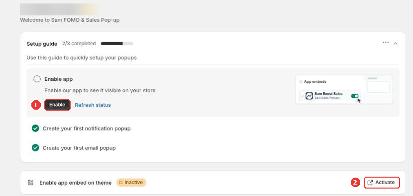 Setup guide with the Enable button (1) and the Activate button for the app embed (2)