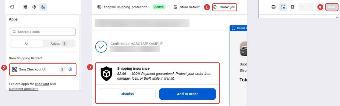 Checkout editor on the Thank you page with the page selector (1), the Sam Checkout UI block (2), the protection offer (3) and Save (4)