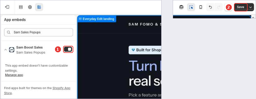 Theme editor App embeds with Sam Boost Sales switched on (1) and the Save button (2)