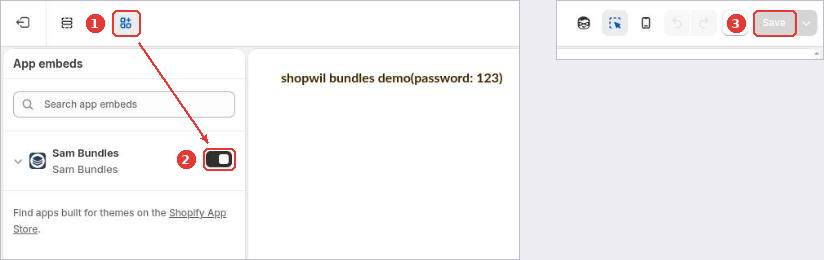 Theme editor with the App embeds icon (1), the Sam Bundles toggle (2) and Save (3)