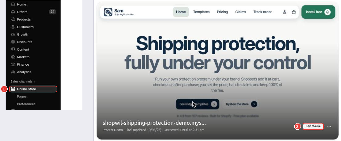 Online Store page in Shopify admin with Online Store in the sidebar (1) and the Edit theme button (2)