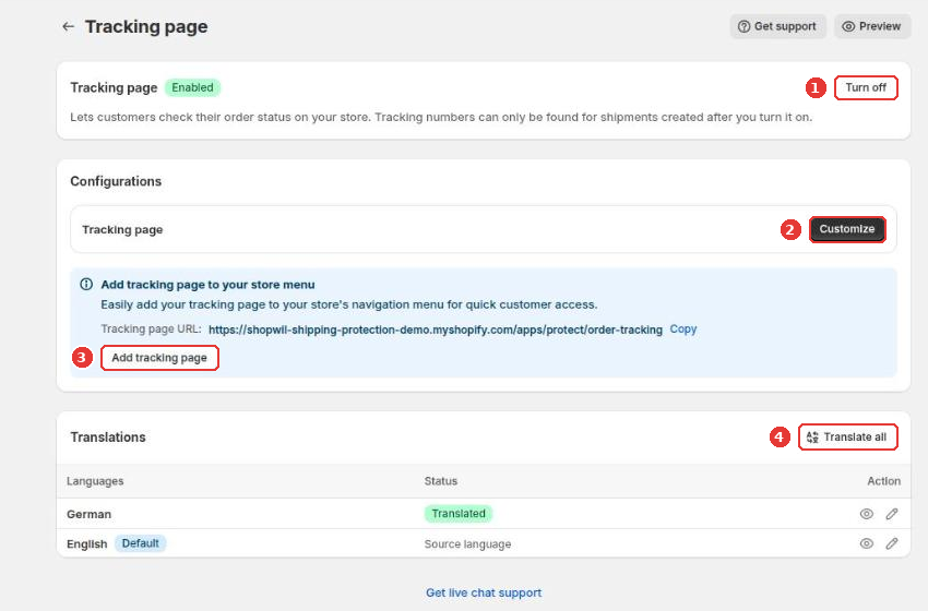 Tracking page settings with Turn on/off (1), Customize (2), Add tracking page (3) and Translate all (4)