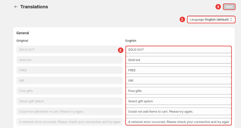 Translations page with the language picker (1), the translation fields (2) and Save (3)