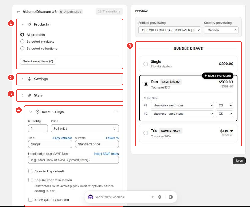 Quantity breaks editor with Products (1), Settings (2), Style (3), the first bar (4) and the preview (5)