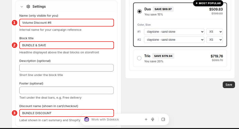 Settings with the offer name (1), block title (2) and discount name (3)