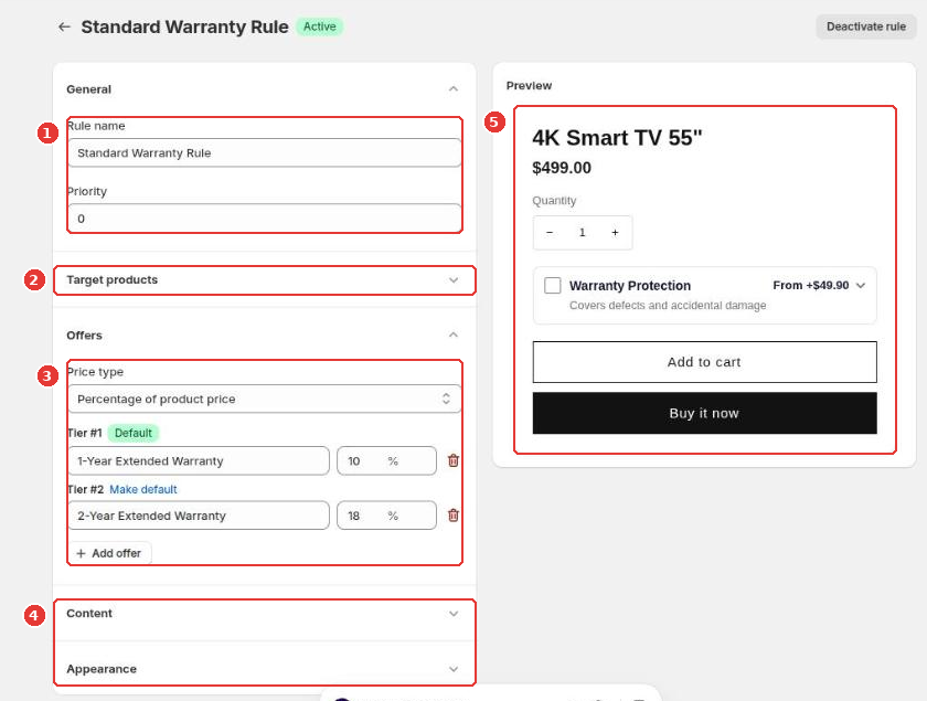 Warranty rule with General (1), Target products (2), Offers (3), Content and Appearance (4) and the product page preview (5)